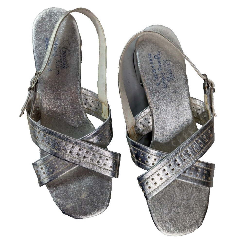 Grants Sandals Womens 8 Silver Crisscross‎ Platform Glitter Slingback Adjustable